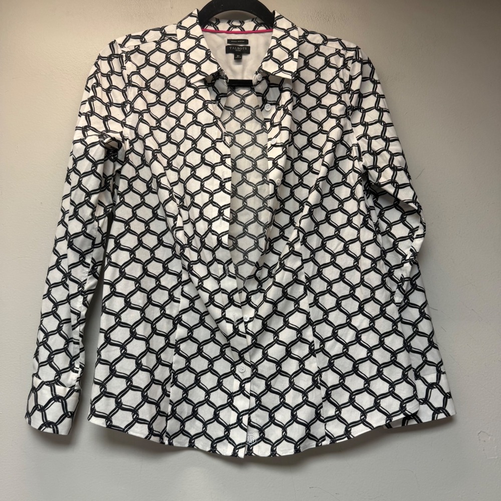 Talbots Button Down Shirt Womens 8P White Black Excellent Wrinkle Resistant Rope
